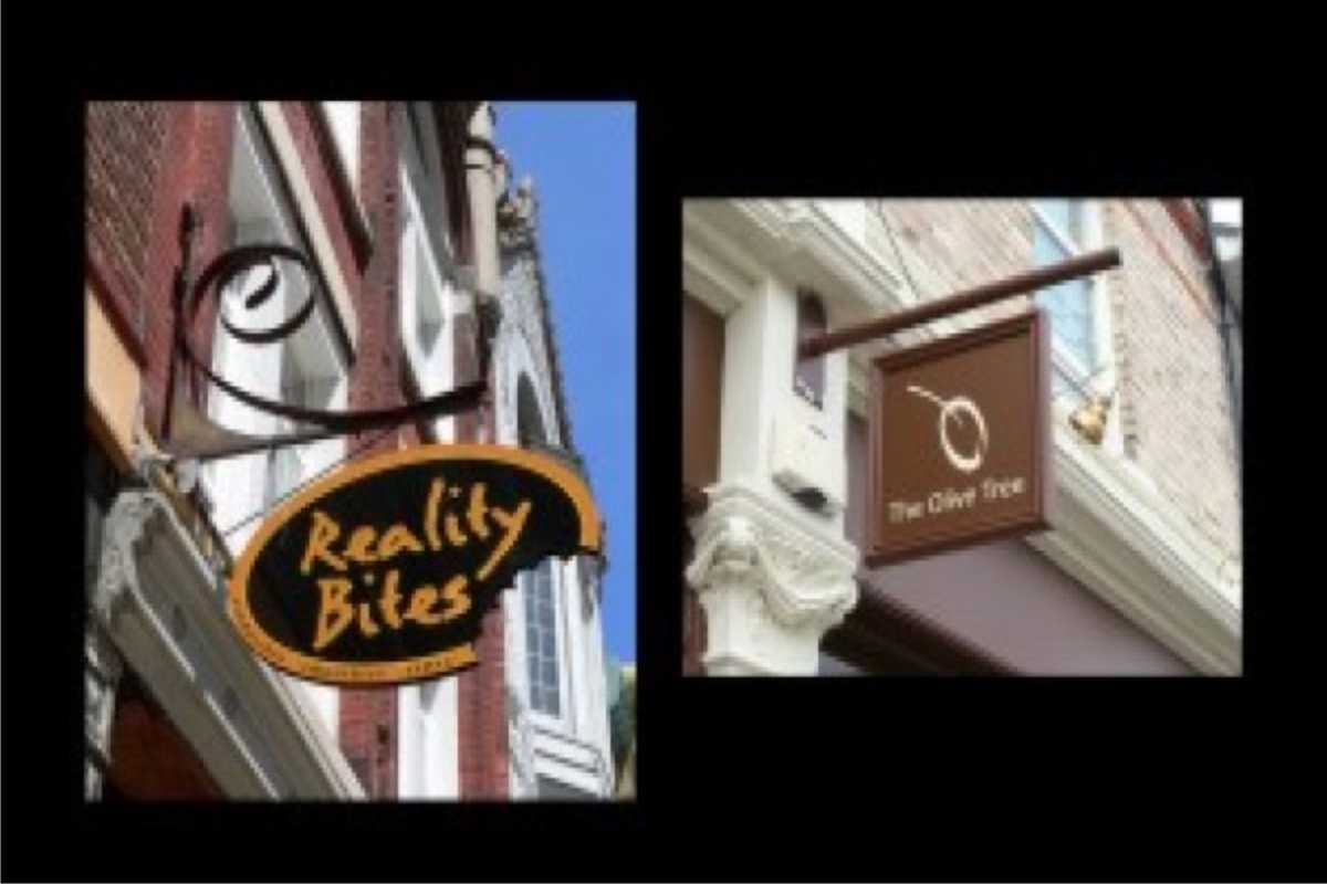 Split view of two hanging signs