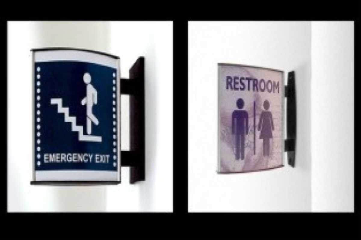 sign for emergency exit and restroom