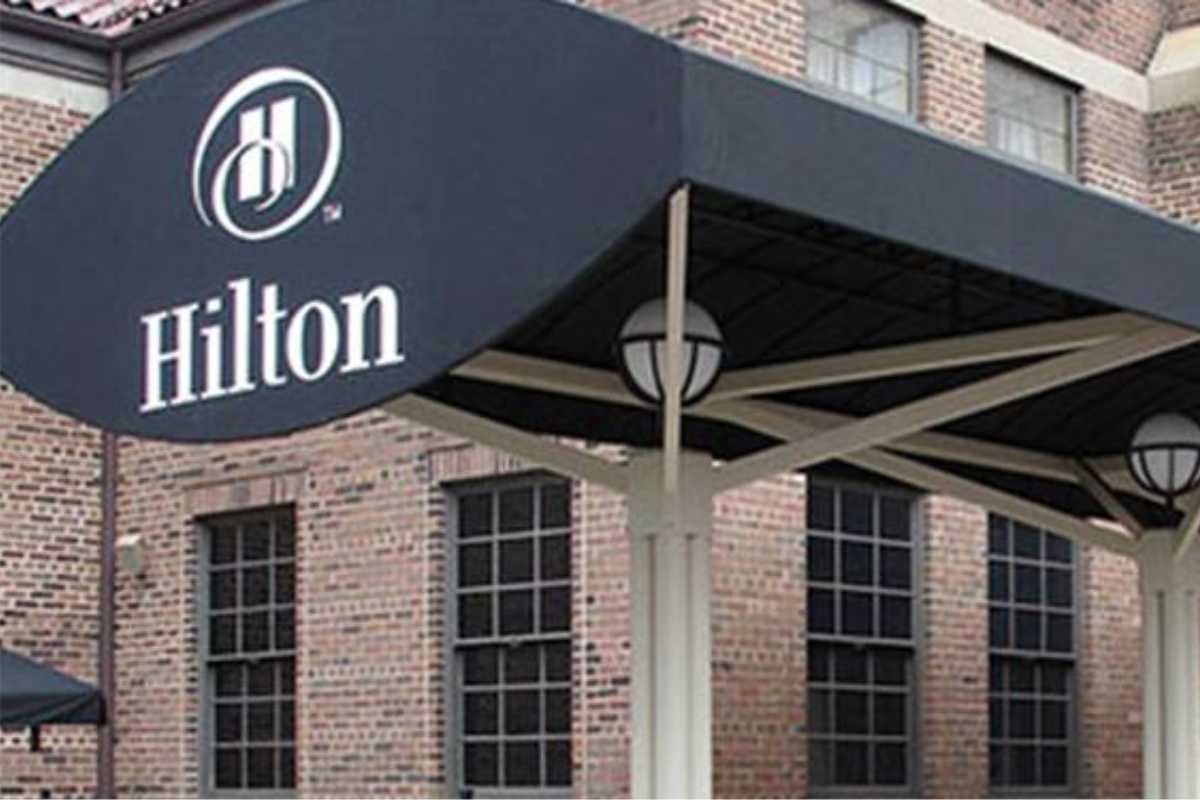 the Hilton hotel entrance canopy