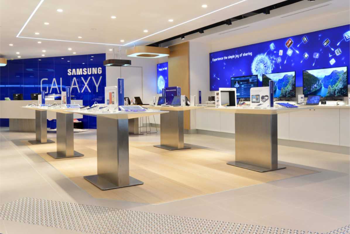 Interior of Samsung store with wall signs