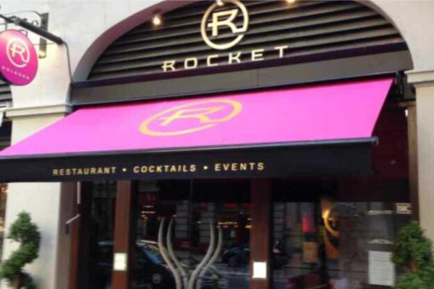commercial retractable awning outside rocket restaurant